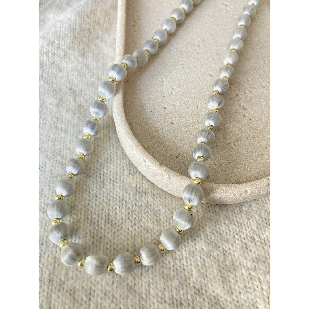 Vintage Silk Wrapped Beaded‎ Necklace Gold Tone Spacers Long In Lightest Gray